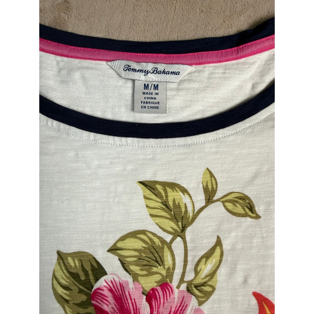 Tommy Bahama Kahuna Cotton Floral Stripe T-Shirt Dress Womens M White Navy - Picture 2 of 8
